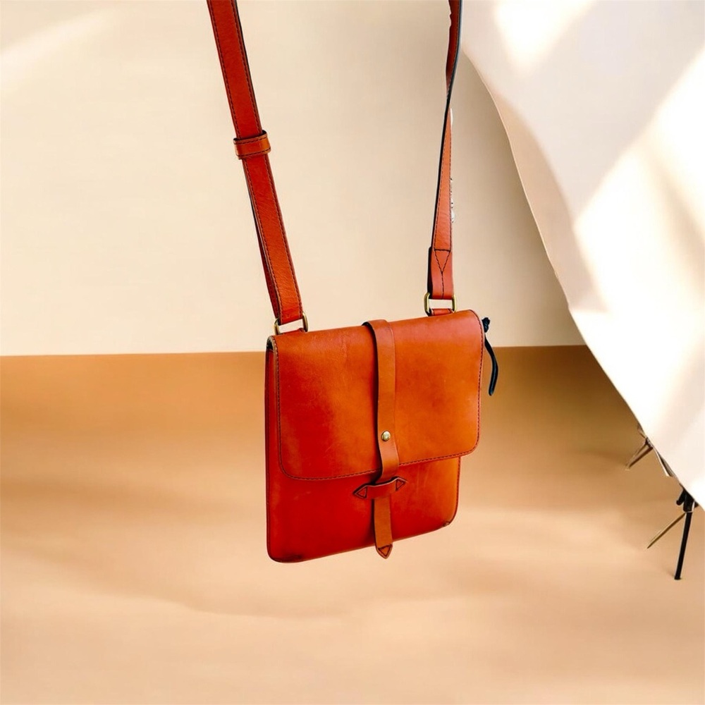 Orange Leather Unisex crossbody bag 4 x 9 inches
